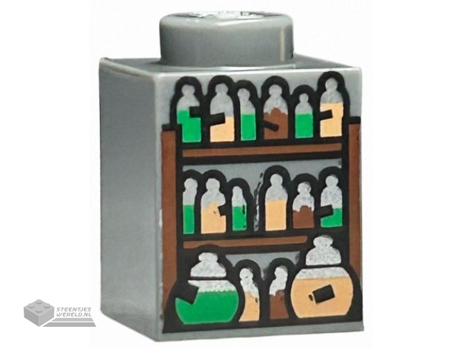 3005pb062 – Brick 1 x 1 with Shelves and Potion Bottles with Black Labels, Silver Tops, and Green, Nougat, and Reddish Brown Contents Pattern