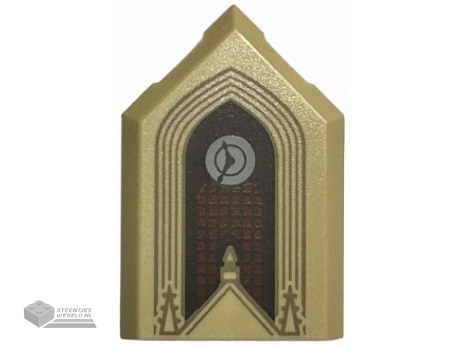 22385pb308 – Tile, Modified 2 x 3 Pentagonal with Dark Tan Arches and Spires, Light Bluish Gray Clock, Reddish Brown Window with Dark Brown Lattice Pattern