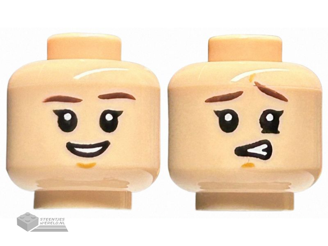 28621pb0056 – Minifigure, Head Dual Sided Dark Brown Eyebrows, Medium Nougat Chin Dimple, Open Mouth Smile / Confused with Raised Eyebrow Left Pattern – Vented Stud