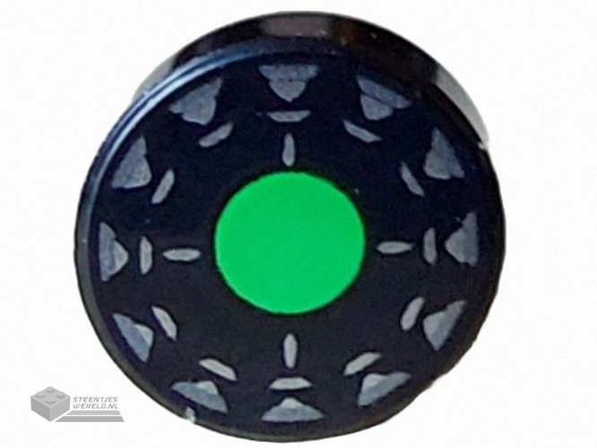 98138pb405 – Tile, Round 1 x 1 with Bright Green Circle, Silver Stripes and Dark Silver Triangles Pattern