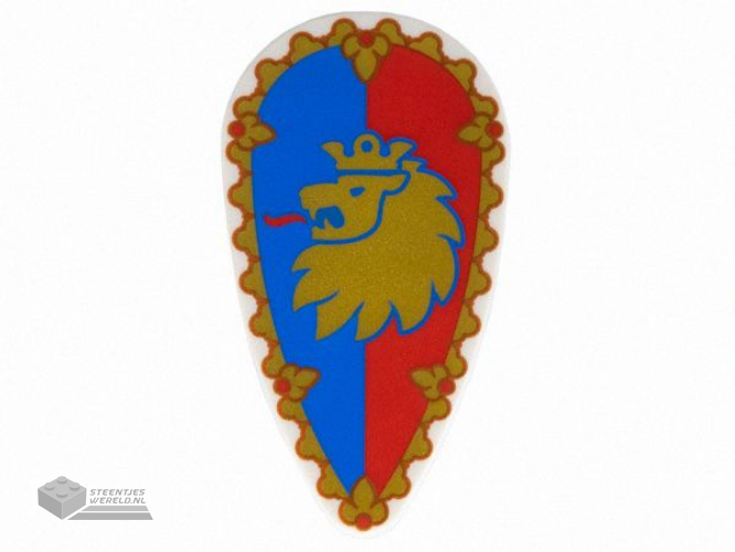 2586pb012 – Minifigure, Shield Ovoid with Gold Border and Lion Head on Blue and Red Background Pattern