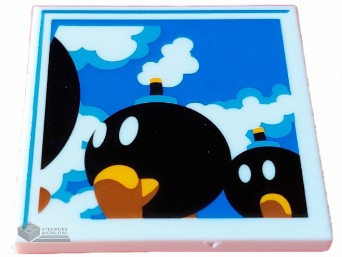 1751pb002 – Tile 4 x 4 with Black Bob-ombs on Blue Sky with Clouds Background Pattern