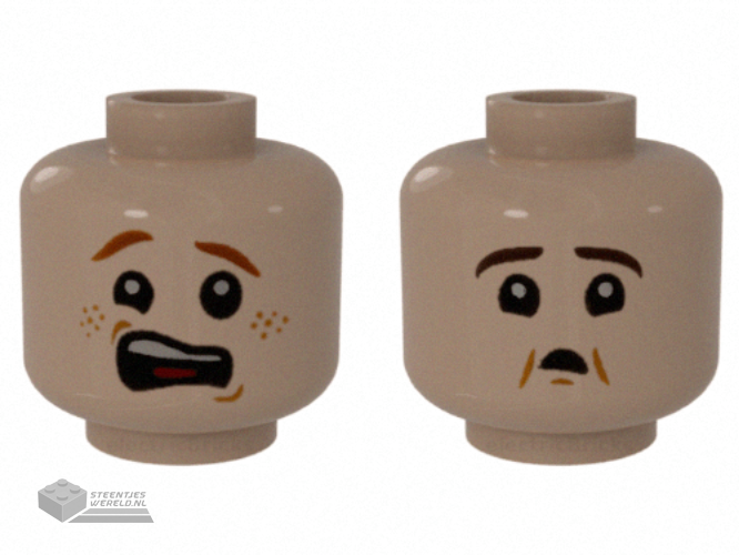 3626cpb2809 – Minifigure, Head Dual Sided, Scared Open Mouth with Dark Red Eyebrows and Freckles / Dark Brown Eyebrows and Small Mouth Pattern – Hollow Stud