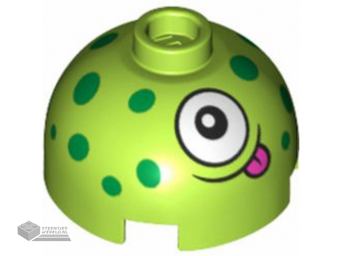 553pb039 – Brick, Round 2 x 2 Dome Top with Green Dots, White Eye and Dark Pink Tongue Pattern