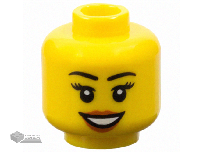 3626pb0633 – Minifigure, Head Female Black Eyebrows and Eyelashes, Dark Orange Lips, Open Mouth Smile with Teeth Pattern