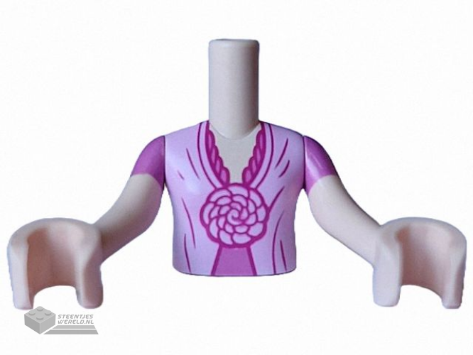 FTGpb494c01 – Torso Mini Doll Girl Bright Pink and Dark Pink Dress Top with Magenta Folds and Pom Pom Flowers Pattern, Light Nougat Arms with Hands with Dark Pink Short Sleeves