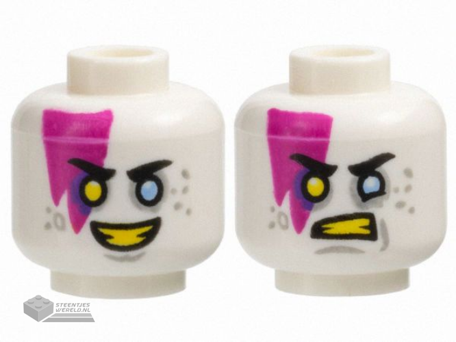 3626pb3669 – Minifigure, Head Dual Sided Black Eyebrows, Magenta Marking, Light Bluish Gray Spots, Bright Light Blue Eye Left, Yellow Eye Right and Teeth, Smile / Scowl Pattern