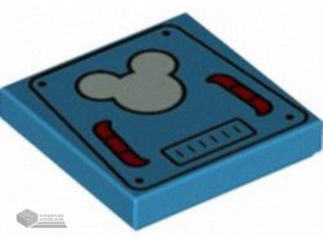 3068pb1717 – Tile 2 x 2 with Bright Light Blue Mickey Mouse Logo on Hatch with Red Handles Pattern