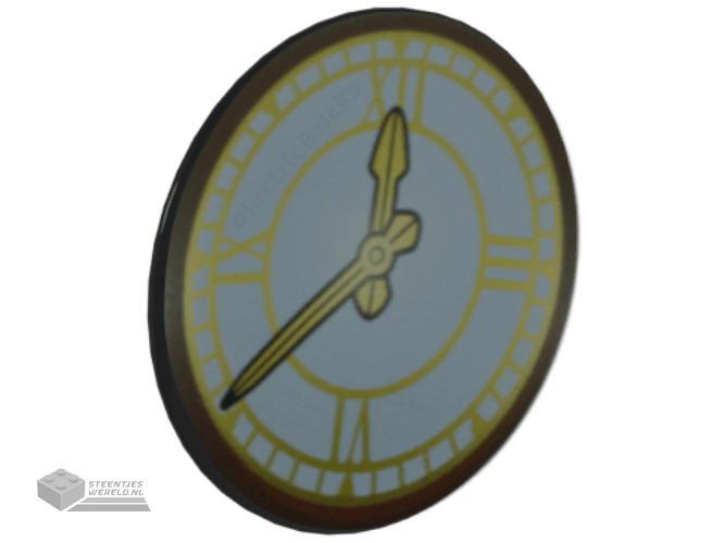 75902pb11 – Minifigure, Shield Circular / Round Convex Face with Clock with Gold Hands and Roman Numerals Pattern