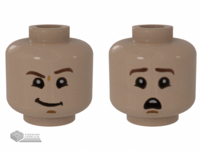 3626cpb2660 – Minifigure, Head Dual Sided Dark Brown Eyebrows, Lopsided Grin with Raised Left Eyebrow / Scared Pattern – Hollow Stud