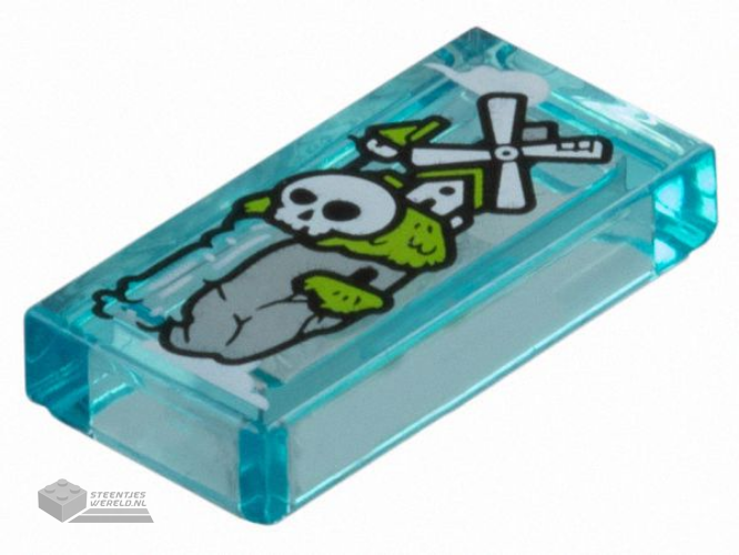 3069pb1272 – Tile 1 x 2 with Light Bluish Gray Rock, Lime Grass, White Windmill, Skull and Waterfall Pattern