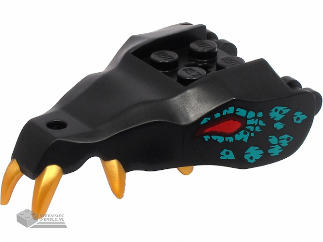 72224pb04 – Dragon Head (Ninjago) Jaw with 2 Bar Handles on Back with Molded Gold Teeth, Red Eyes, and Dark Turquoise Scales Pattern